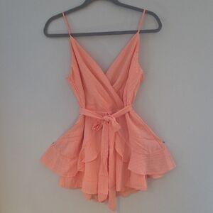 Coral Wrap Romper with Ruffle Skirt